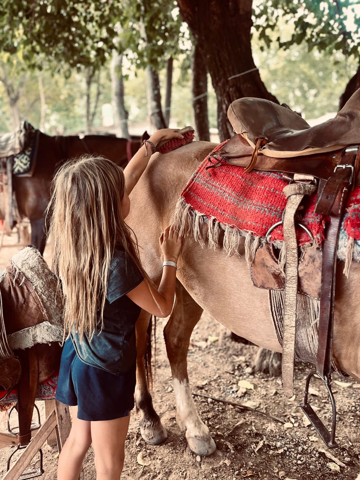 Enfant caressant un cheval sellé au ranch Sayta, Argentine